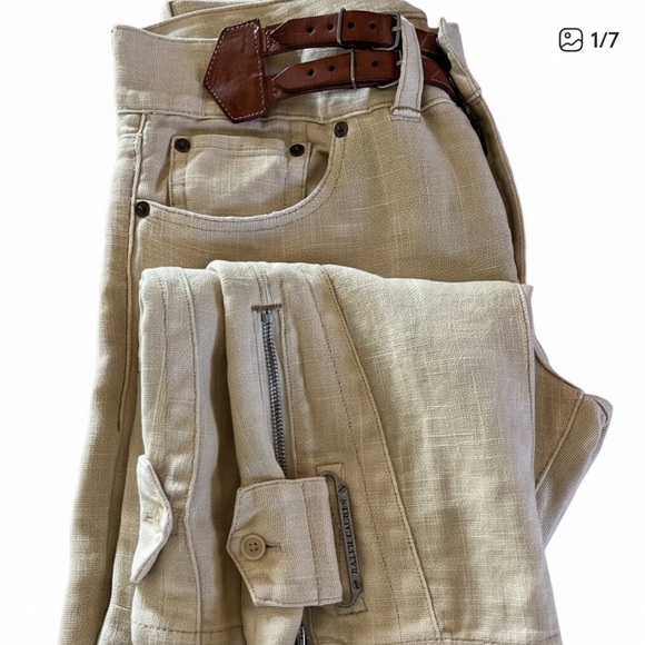 Ralph Lauren Cream, 100% Linen Pants with Leather Brown Accents - Picture 4 of 10